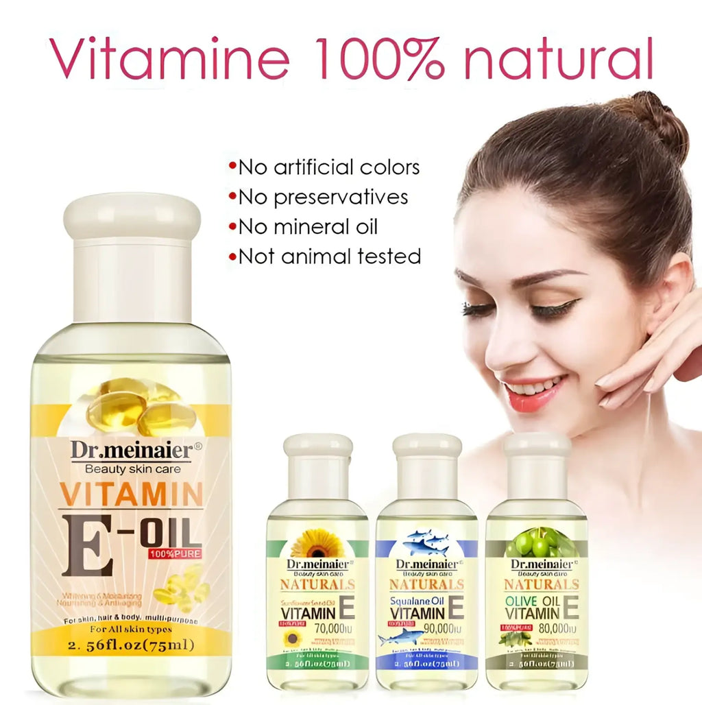 Dr vitamin e synthesis oil for face body and hair 75ml bottle with detailed product information on the back label