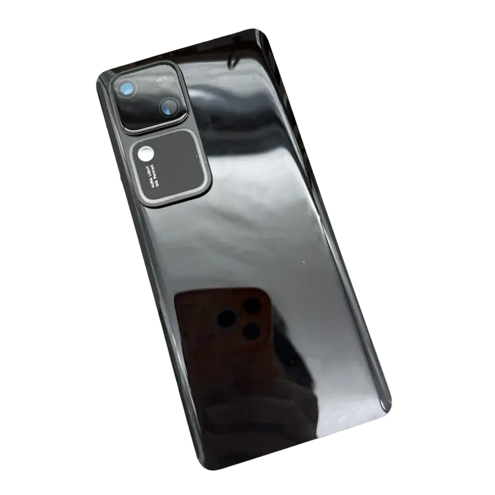 Black glossy vivo v30pro smartphone back with rectangular glass camera lens cover replacement module and led flash