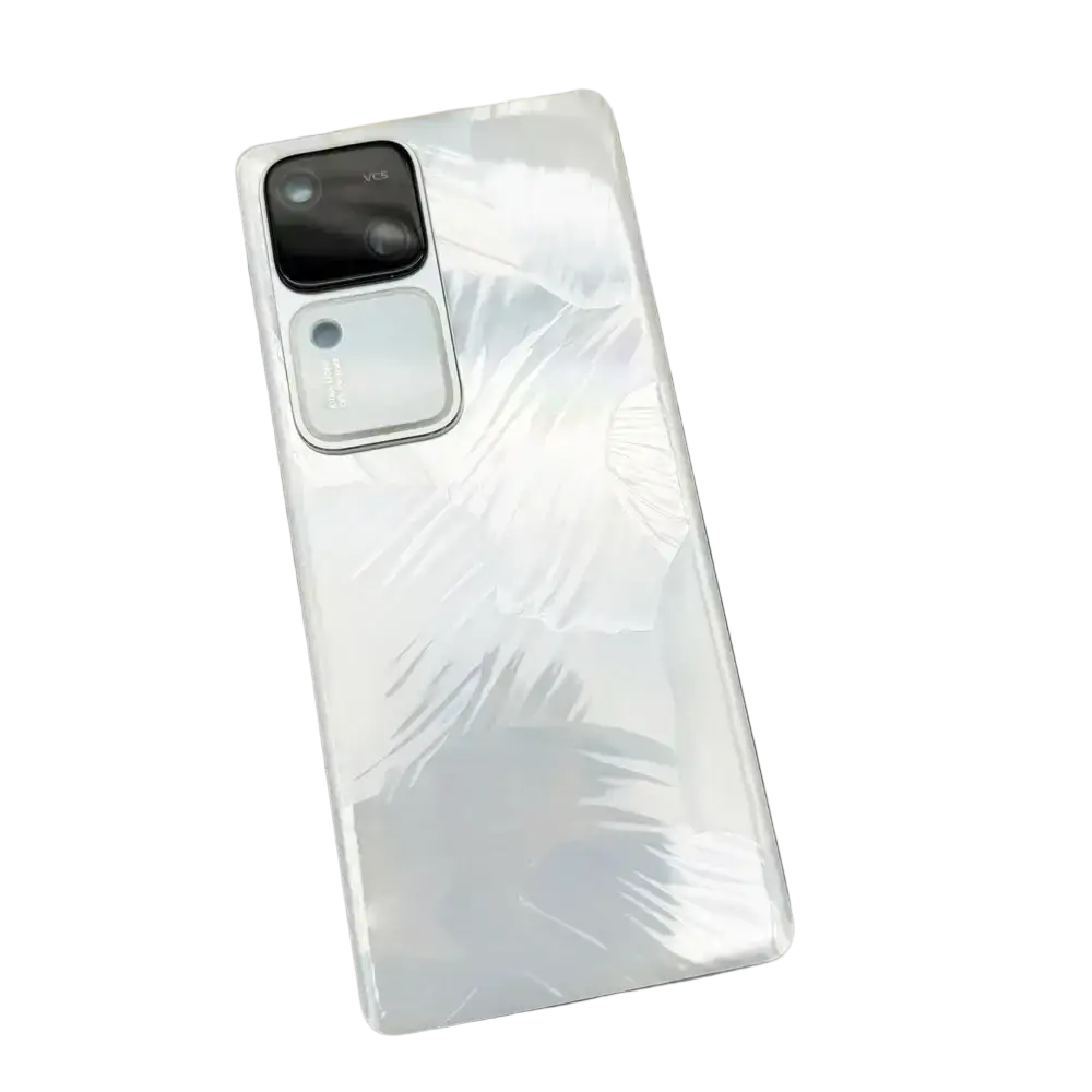 Back side of a sleek white vivo v30 v30pro smartphone with dual-camera and textured glass back cover replacement lens