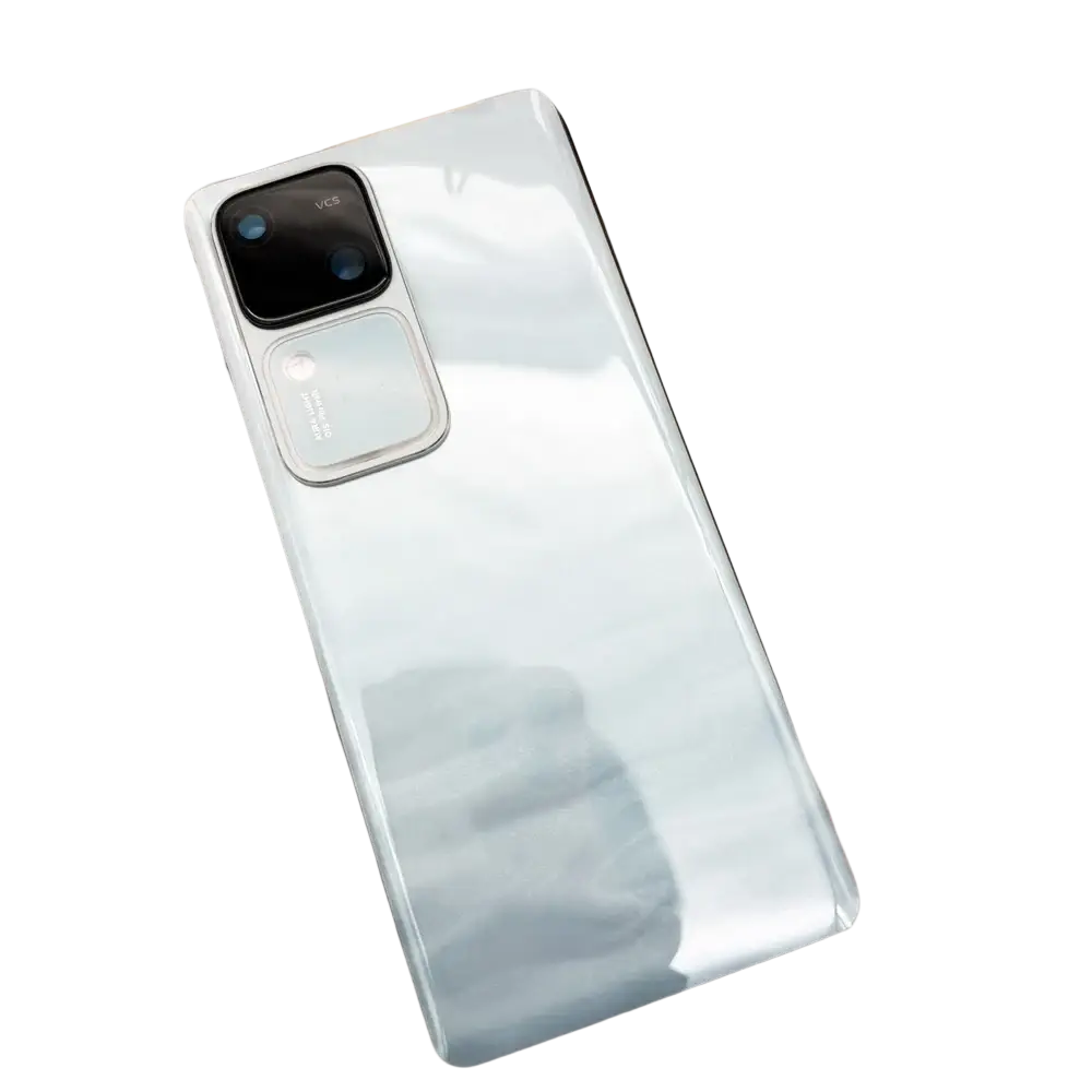 Back side of vivo v30pro sleek light blue smartphone with glass back cover replacement lens and multiple camera lenses