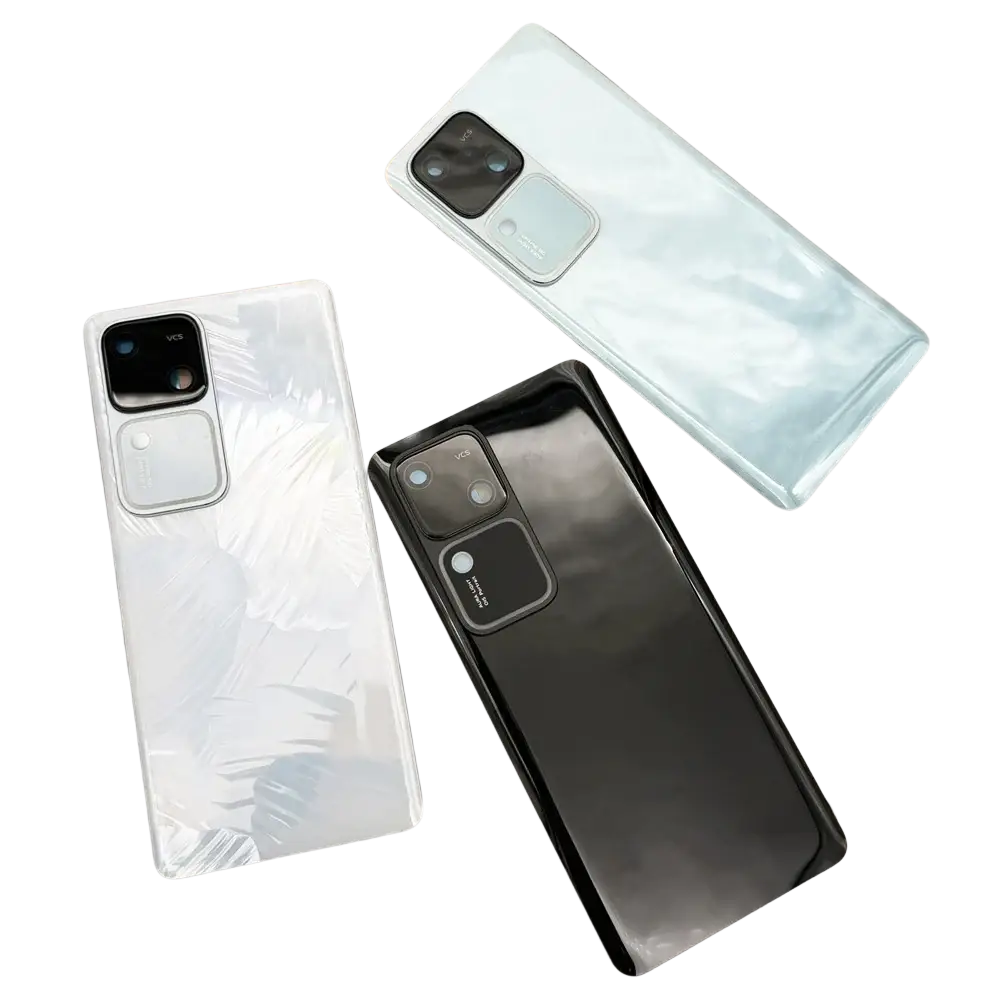 Three vivo v30 v30pro smartphones with glass back covers in white black and light blue featuring rectangular camera modules