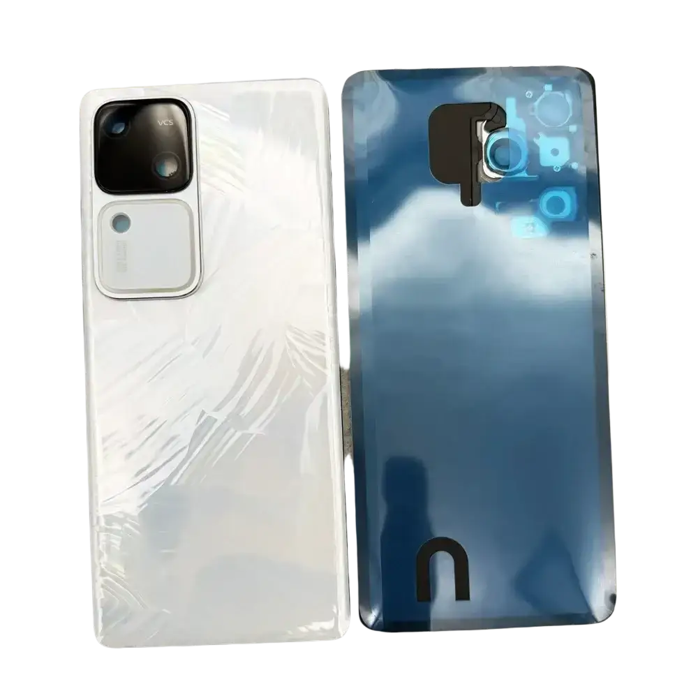 Two smartphone back covers for vivo v30 v30pro glass replacement lens in glossy white and gradient blue with black logo