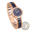 Vnwct women luxury ceramic quartz watch in rose gold and navy blue with diamond-studded bezel