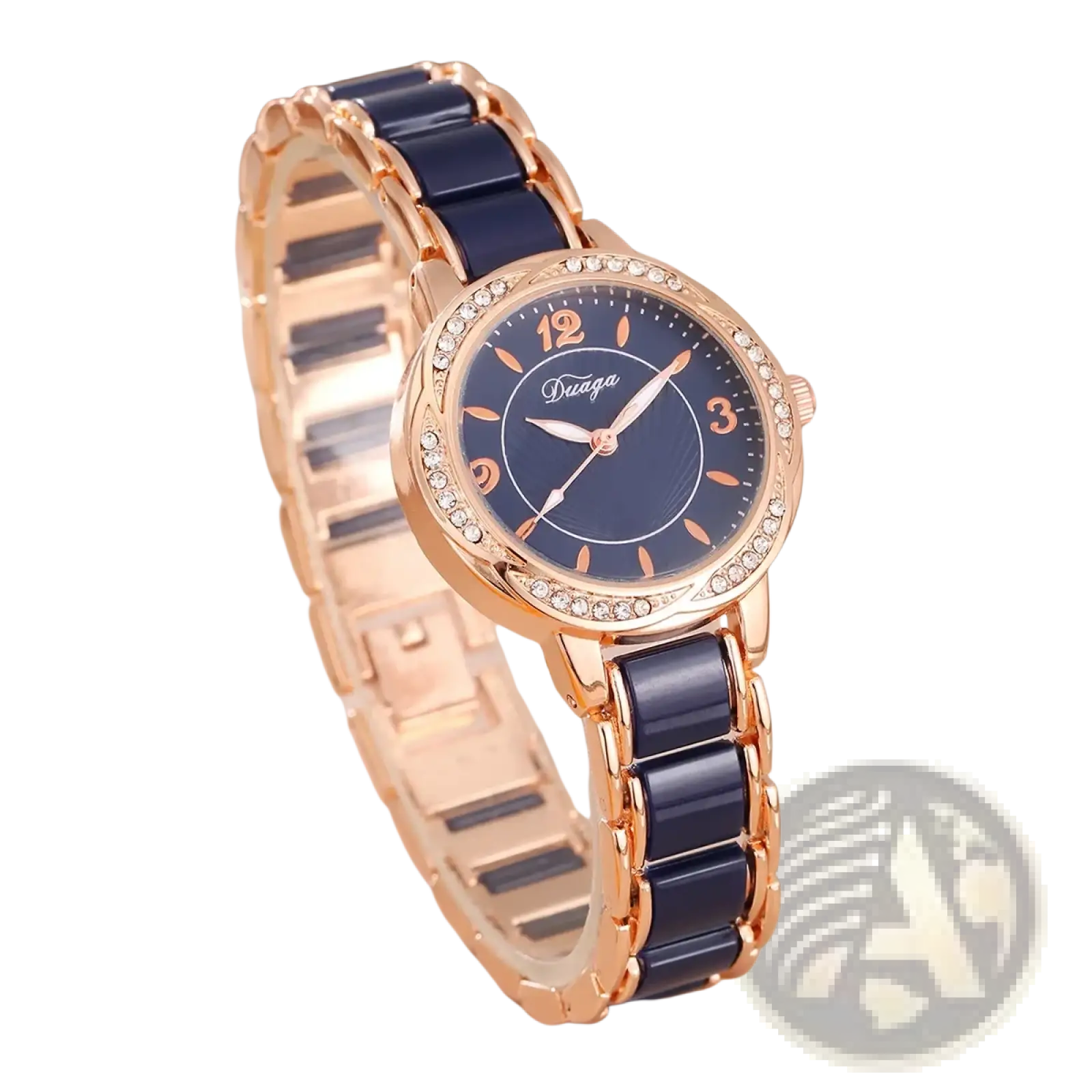 Vnwct women luxury ceramic quartz watch in rose gold and navy blue with diamond-studded bezel