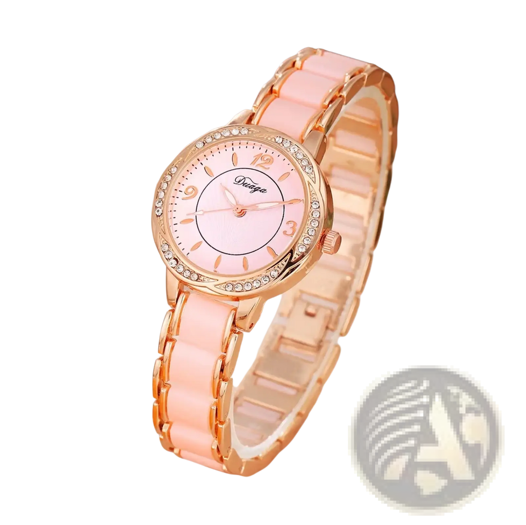 Vnwct women’s luxury ceramic quartz watch with a delicate rose gold and pink ceramic design and diamond-studded bezel