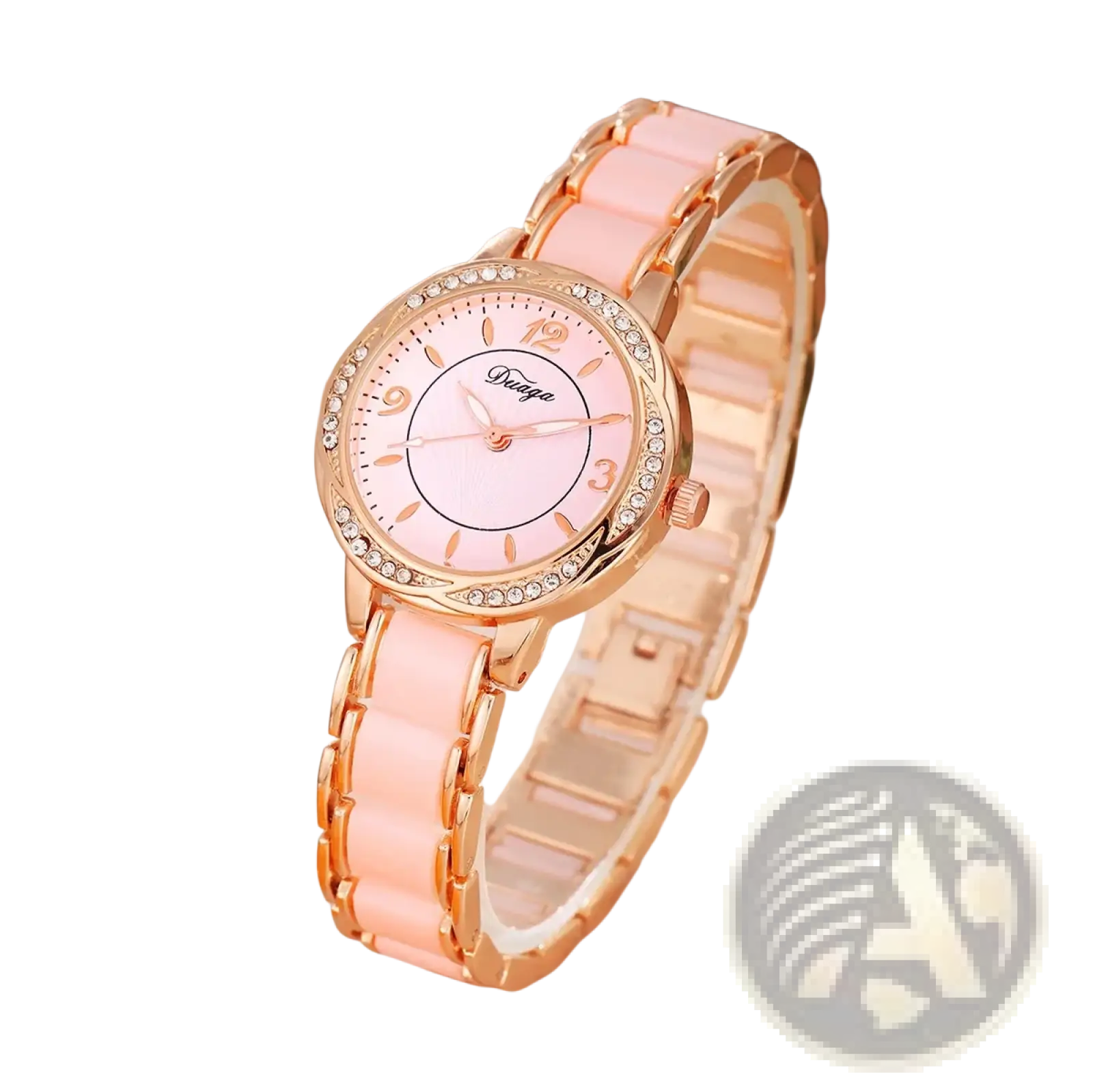 Vnwct women’s luxury ceramic quartz watch with a delicate rose gold and pink ceramic design and diamond-studded bezel
