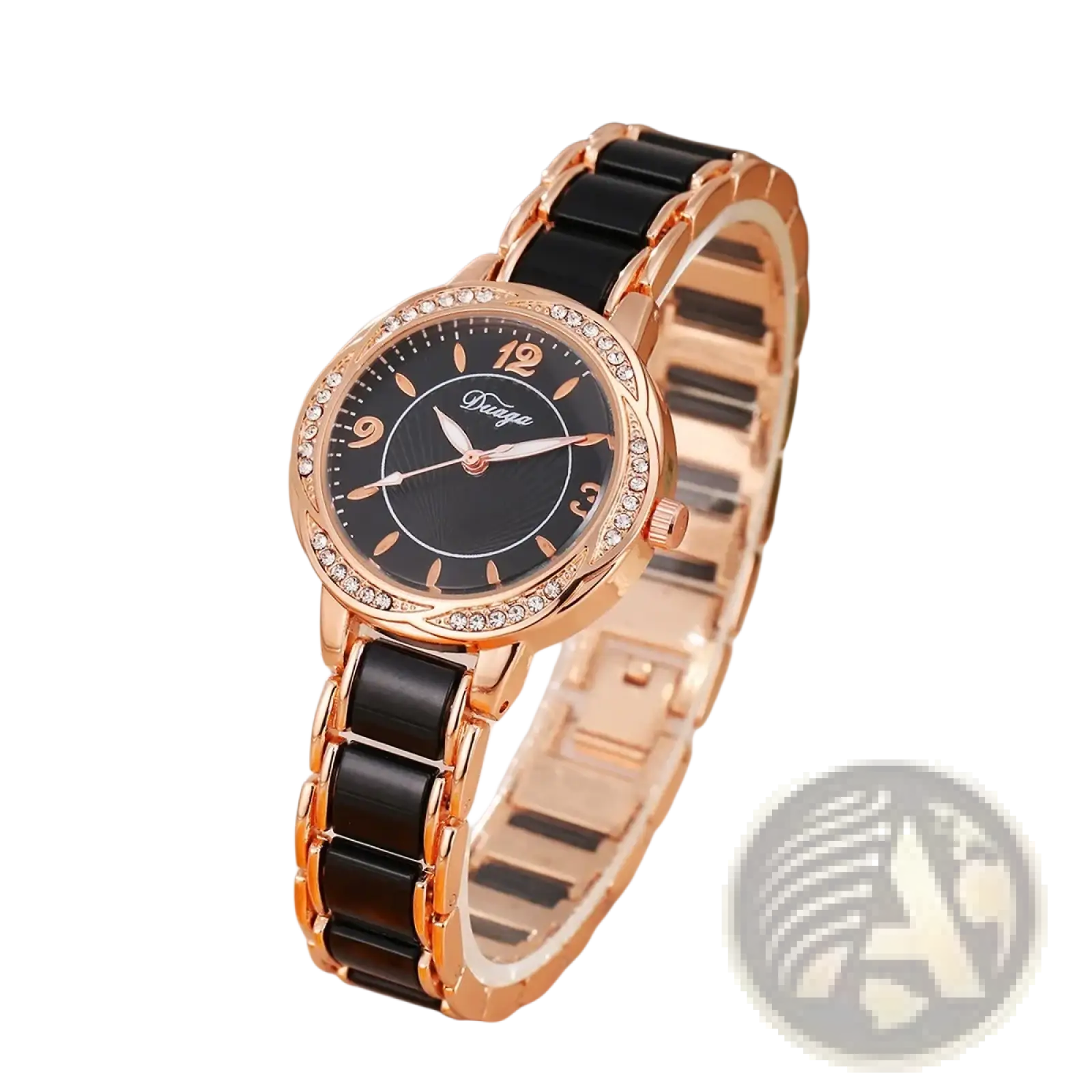 Vnwct women’s luxury ceramic quartz watch in rose gold and black with diamond-studded bezel and ceramic strap