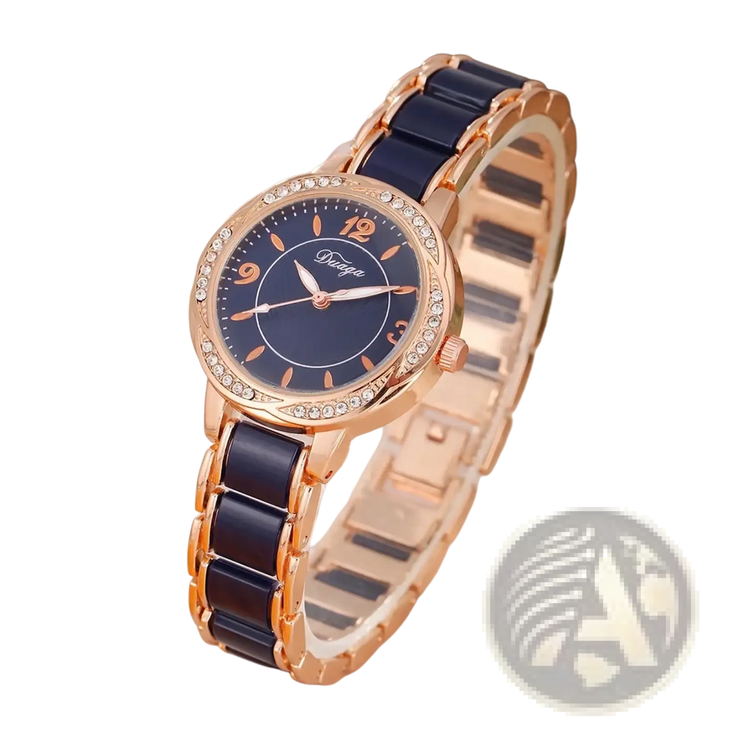 Vnwct women luxury ceramic quartz watch in rose gold and navy blue with a diamond-studded bezel