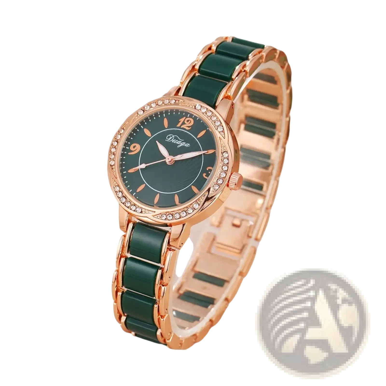 Vnwct women’s luxury ceramic quartz watch with rose gold-tone case, dark green ceramic band, and crystal bezel