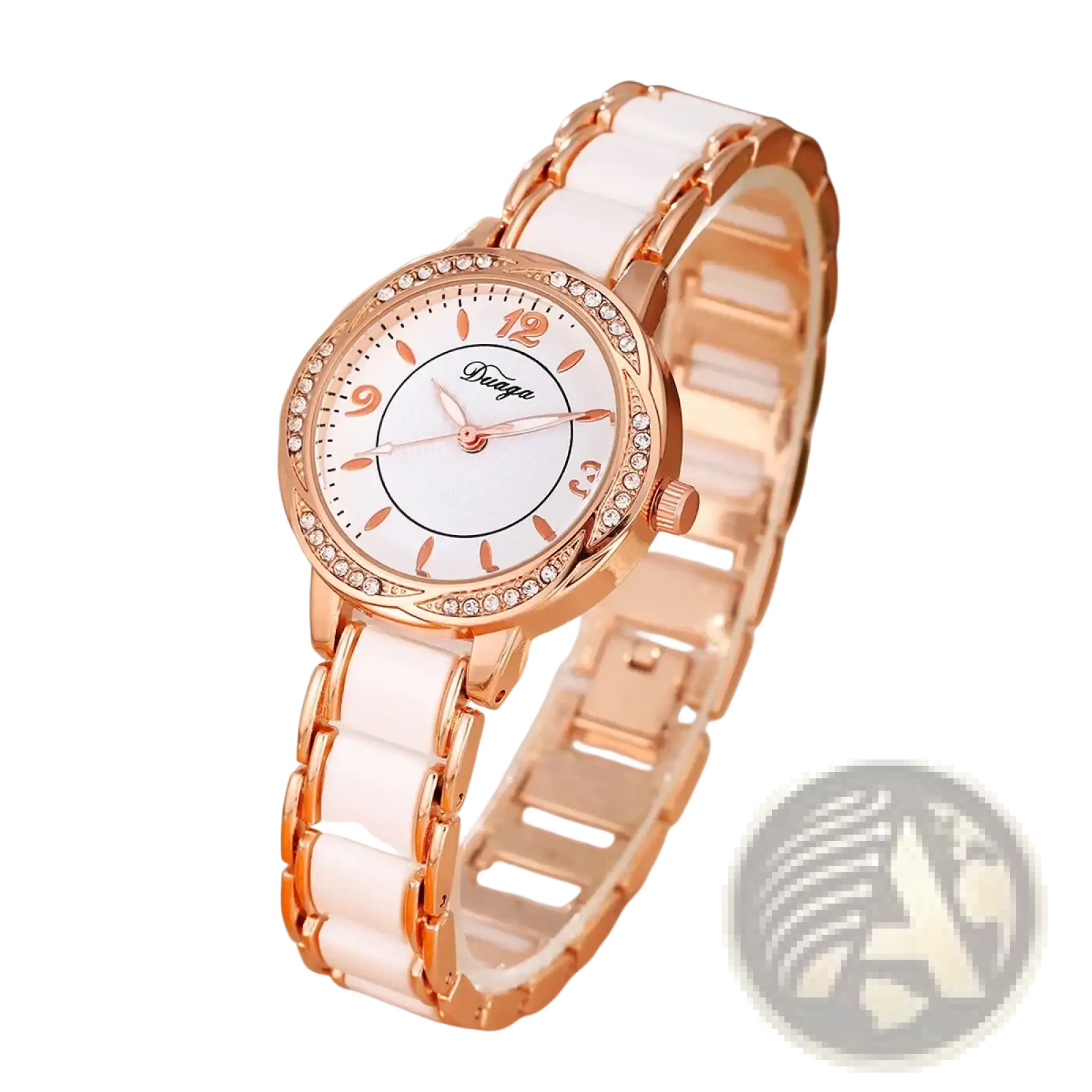 Vnwct women’s luxury ceramic quartz watch with rose gold and white ceramic design diamond-studded bezel and minimalist dial