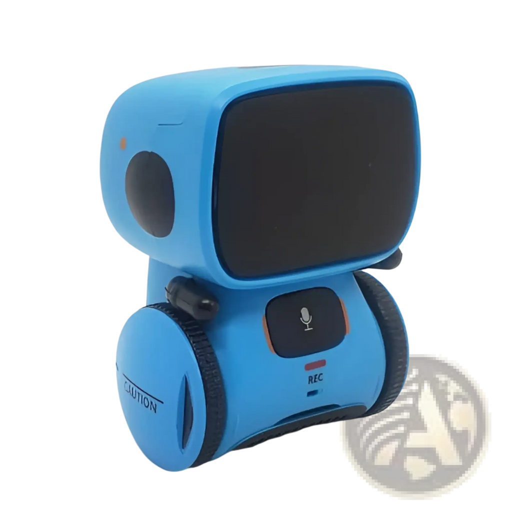Blue voice recognition interactive robot toy for kids with black screen circular wheels and orange button accents