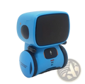 Blue voice recognition interactive robot toy for kids with black screen circular wheels and orange button accents