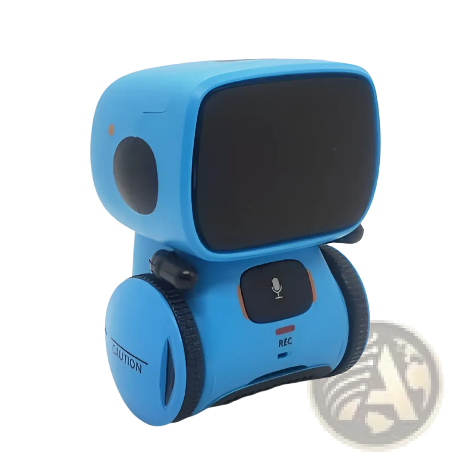Blue voice recognition interactive robot toy for kids with black screen circular wheels and orange button accents
