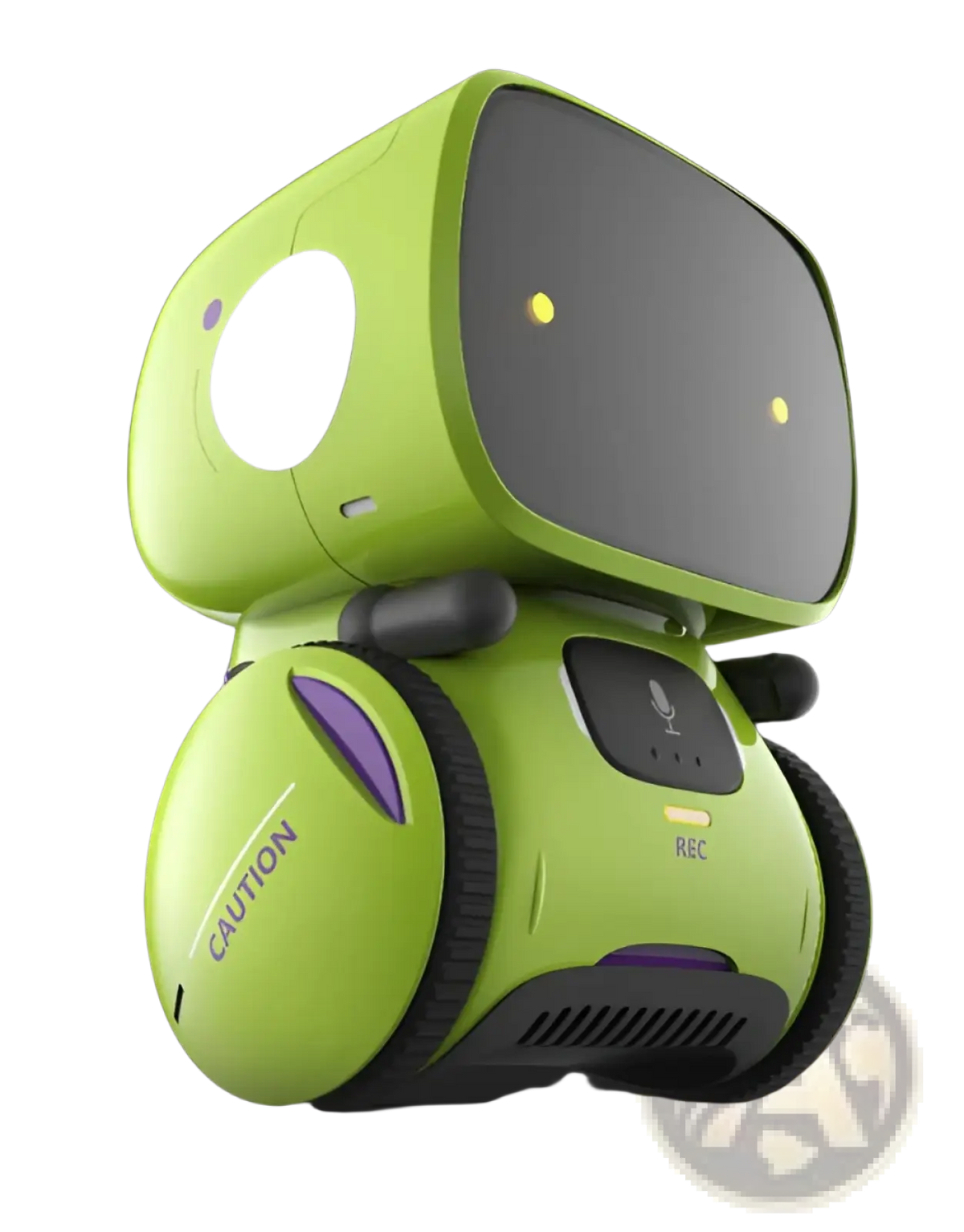 Lime green voice recognition interactive robot toy for kids with purple accents and black wheels