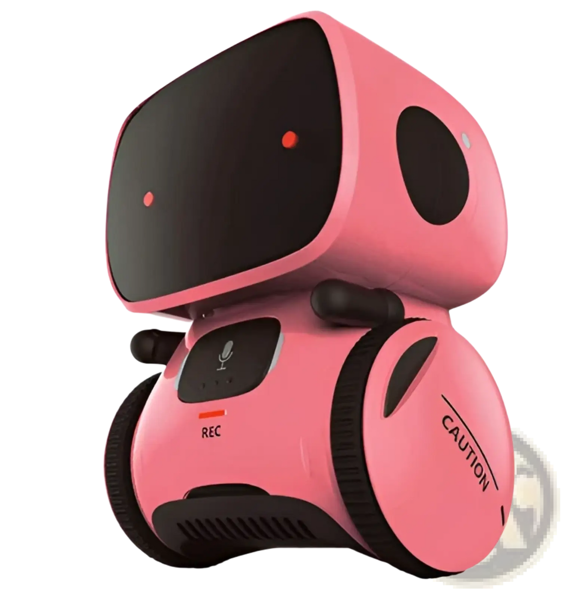 Pink voice recognition interactive robot toy for kids with black circular accents and caution label on its side