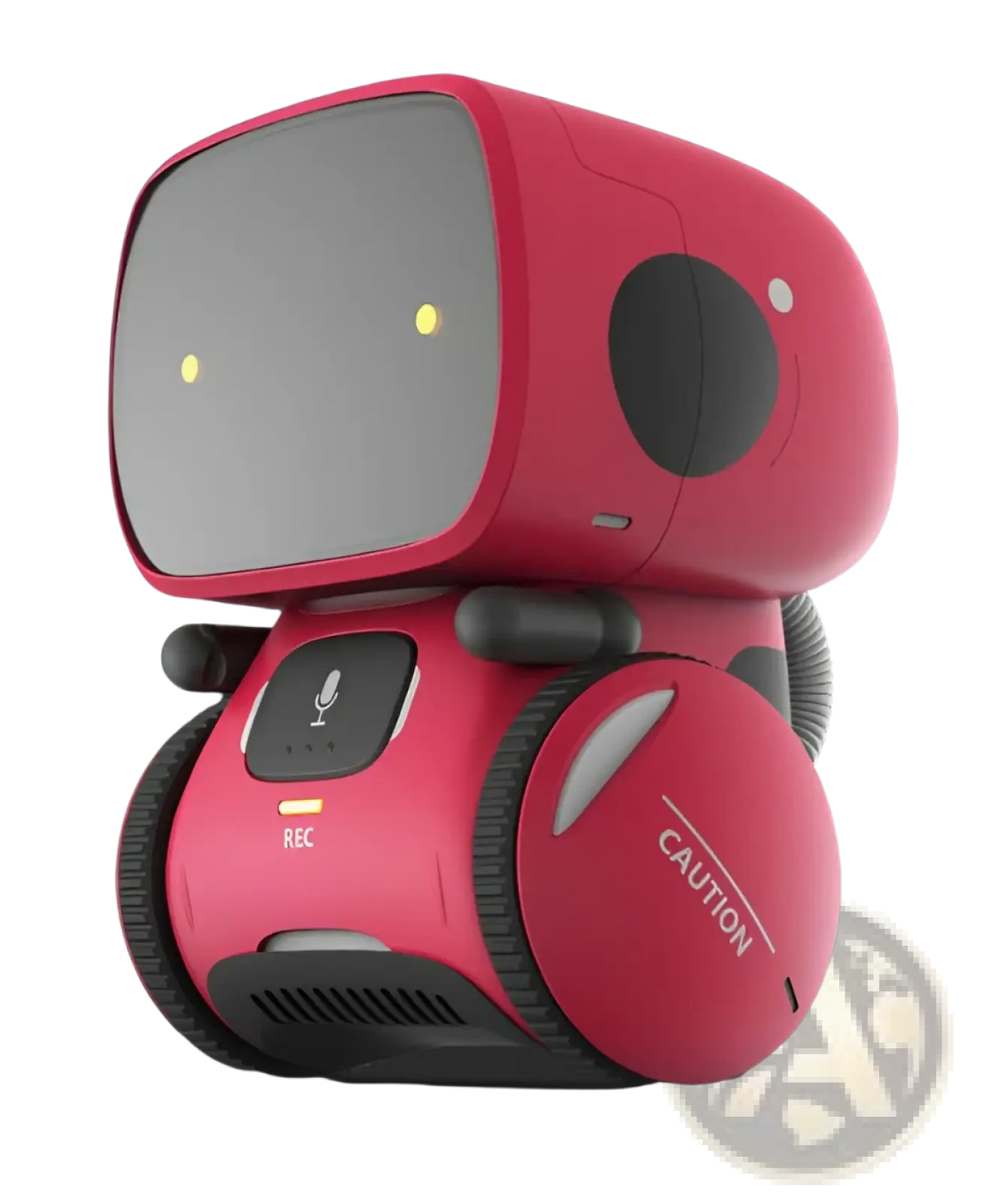 A vibrant pink voice recognition interactive robot toy for kids with a glossy finish and black accents