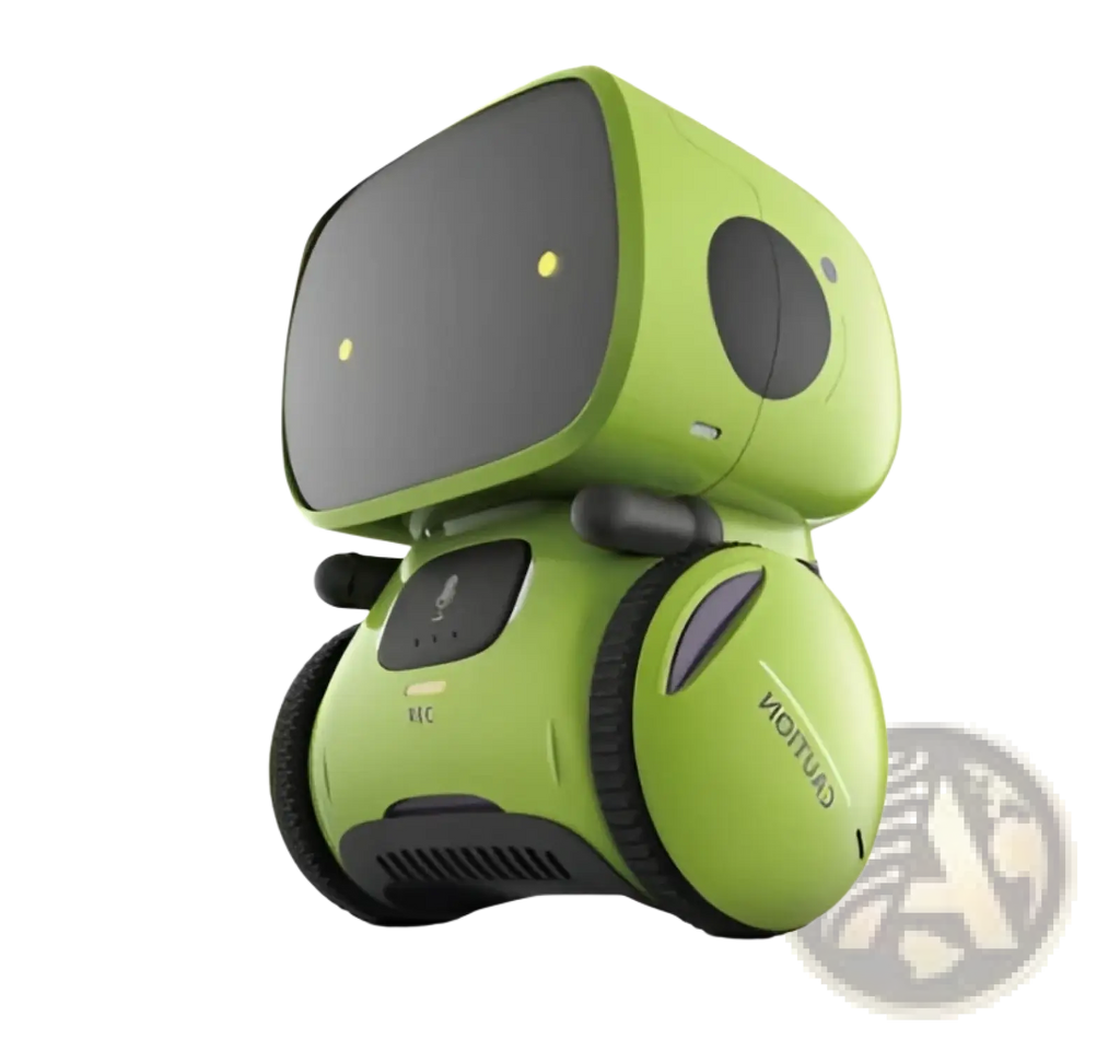A lime green voice recognition interactive robot toy for kids with black circular eyes and wheels