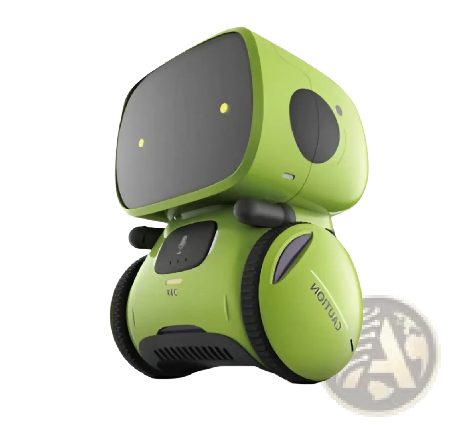 A lime green voice recognition interactive robot toy for kids with black circular eyes and wheels
