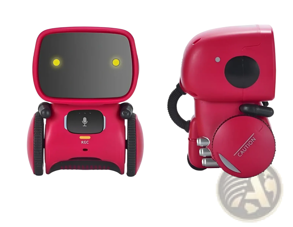 Red robotic voice recognition interactive toy for kids with yellow glowing eyes wheels and rec button on chest