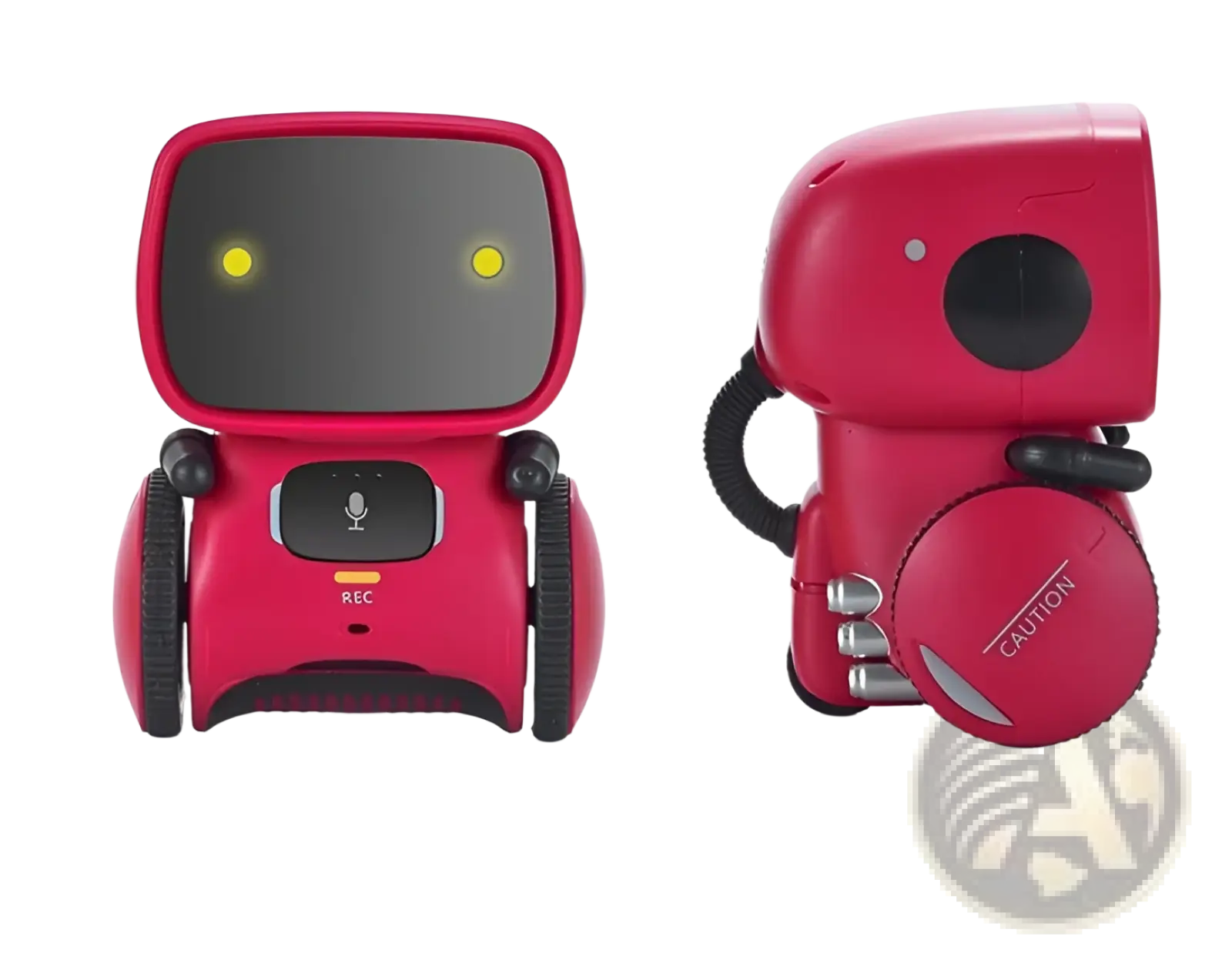 Red robotic voice recognition interactive toy for kids with yellow glowing eyes wheels and rec button on chest