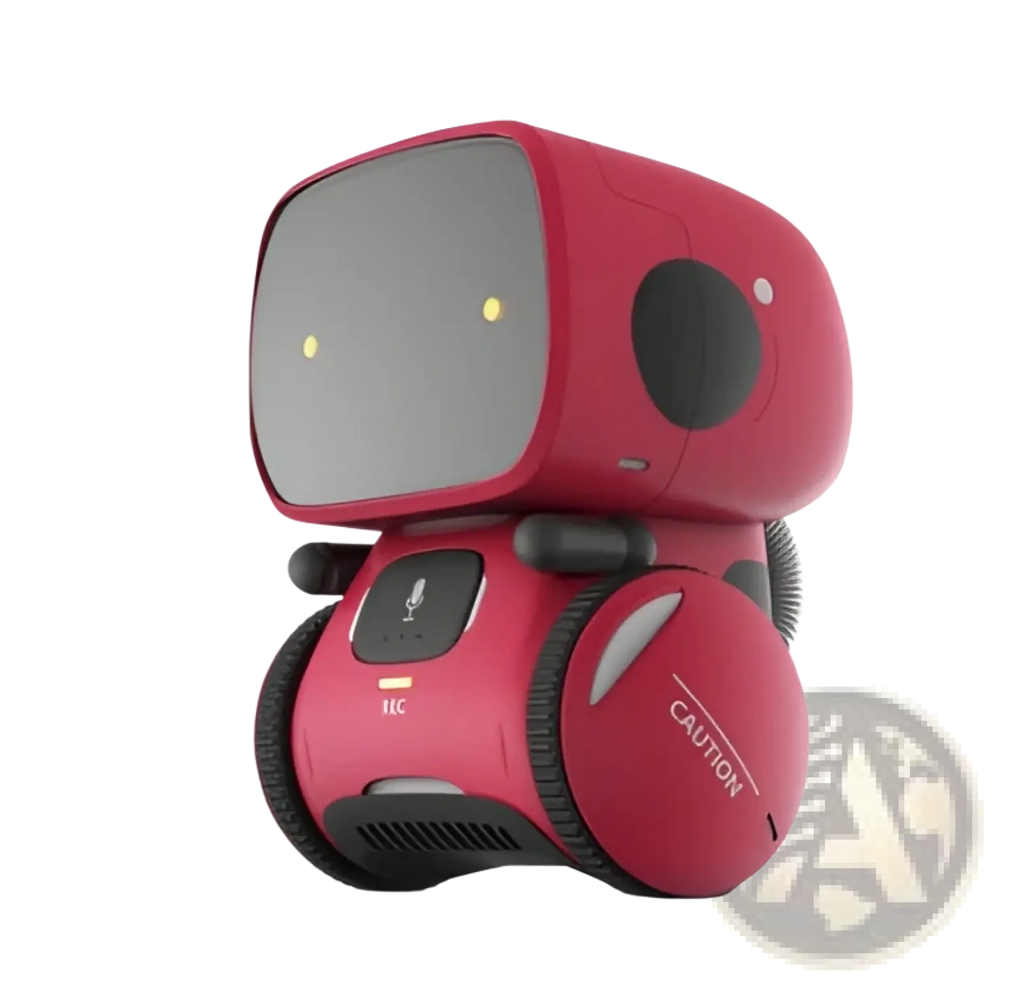 A red rounded voice recognition interactive robot toy for kids with black circular eyes and wheels