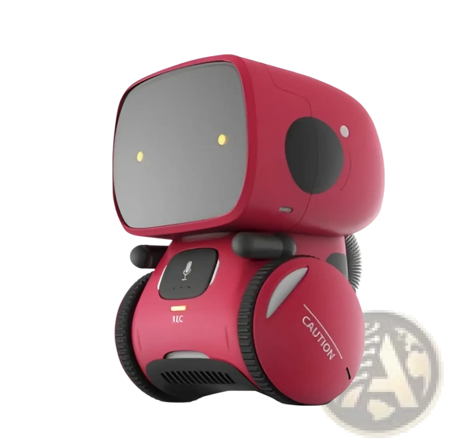 A red rounded voice recognition interactive robot toy for kids with black circular eyes and wheels