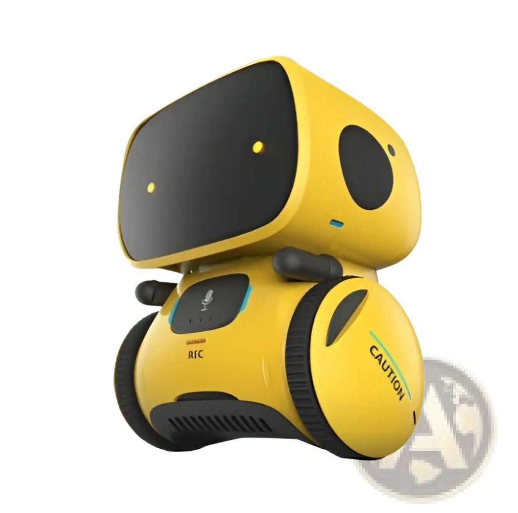 Yellow voice recognition interactive robot toy for kids with black circular eyes wheels and rec button on chest