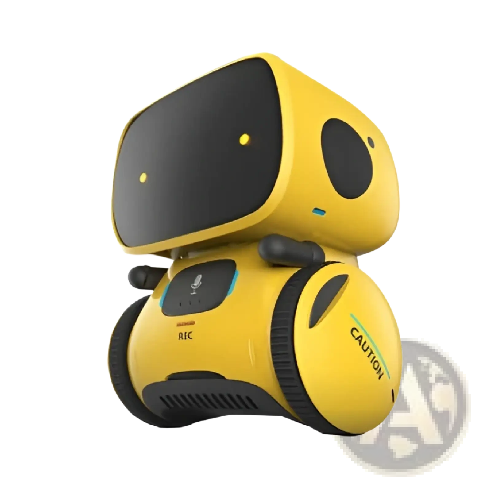 Yellow voice recognition interactive robot toy for kids with black circular eyes wheels and rec button on chest