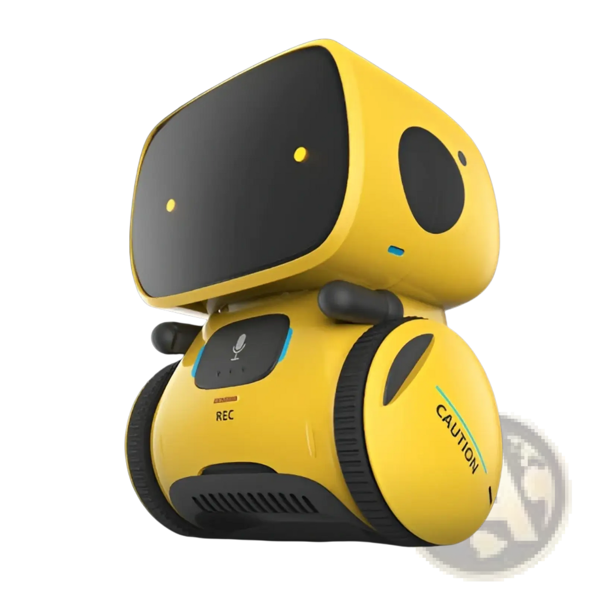 Yellow voice recognition interactive robot toy for kids with black eyes wheels sleek plastic body and teal accents