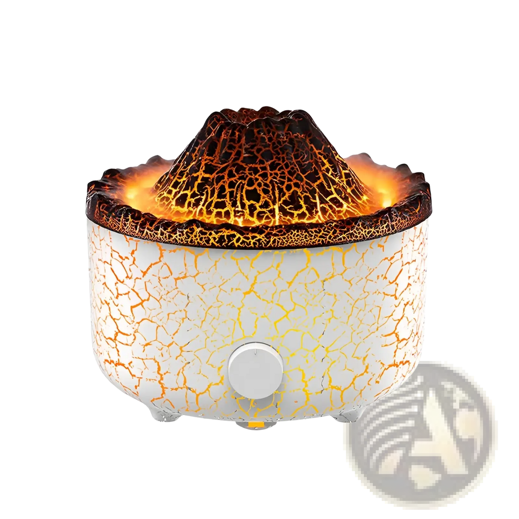 Volcano essential oil diffuser ceramic flame humidifier with white crackle glaze and glowing orange black volcanic peak