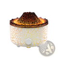 Volcano essential oil diffuser ceramic flame humidifier with white crackle glaze and glowing orange black volcanic peak