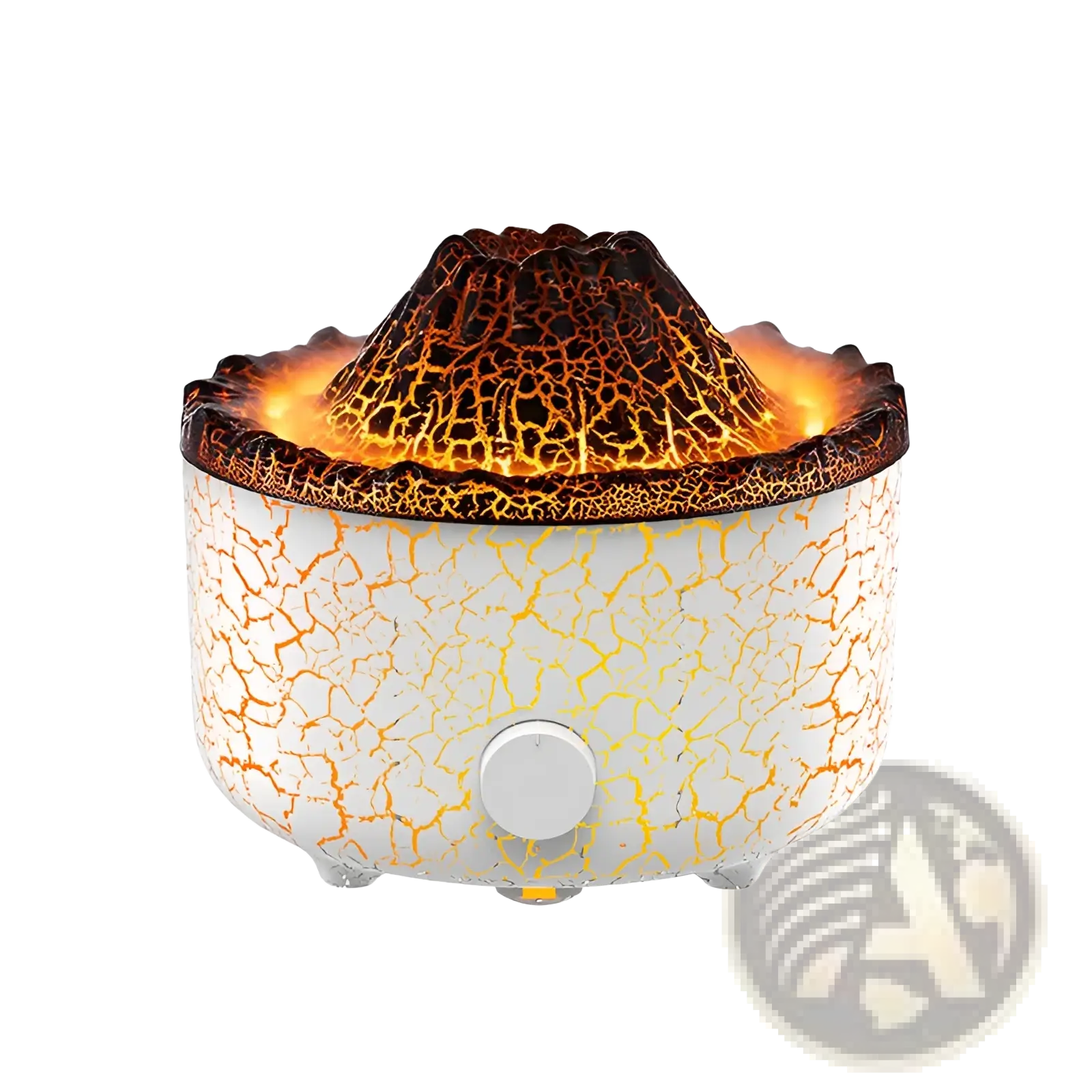 Volcano essential oil diffuser ceramic flame humidifier with white crackle glaze and glowing orange black volcanic peak