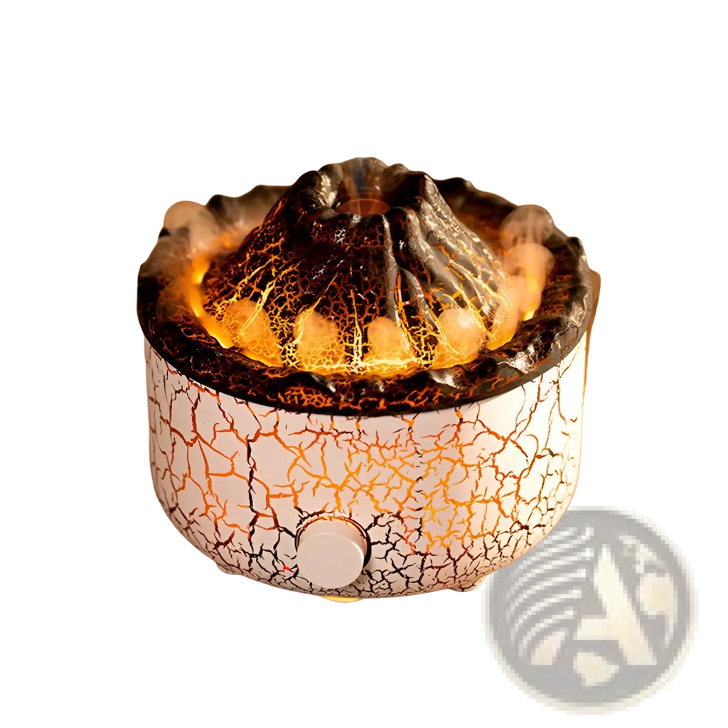 Volcano essential oil diffuser ceramic flame humidifier in white cracked ceramic with glowing orange lava effect and steam