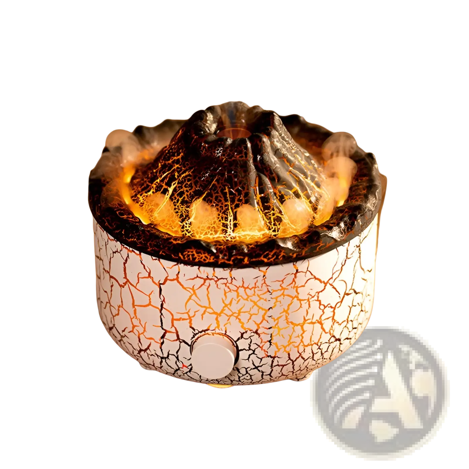 Volcano essential oil diffuser ceramic flame humidifier in white cracked ceramic with glowing orange lava effect and steam
