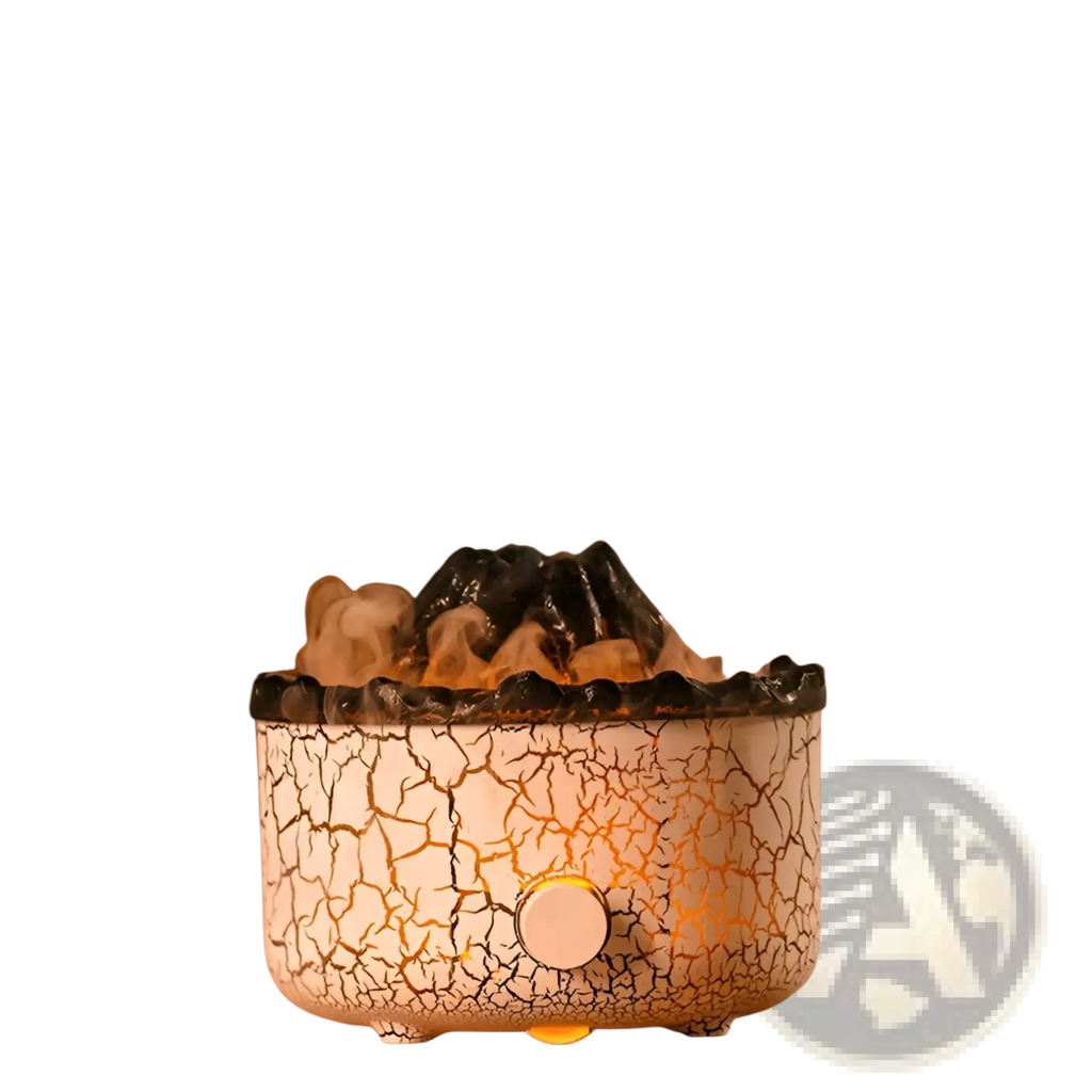 Cracked white ceramic volcano essential oil diffuser with black volcanic rock centerpiece and glowing orange flame light
