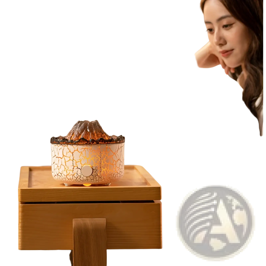 Volcano essential oil diffuser ceramic flame humidifier in crackled white ceramic emitting gentle steam