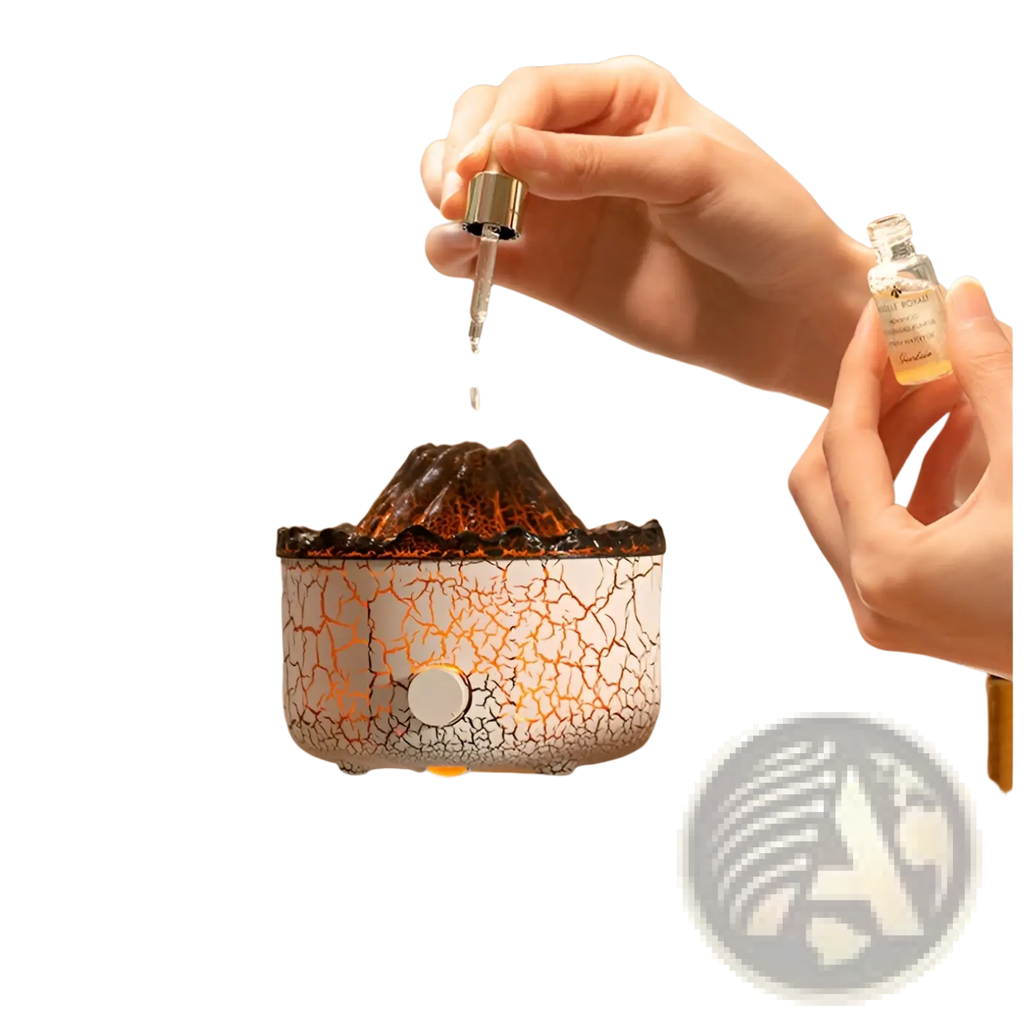 Volcano essential oil diffuser ceramic flame humidifier with white crackled glaze and glowing orange interior topped with brown volcanic design