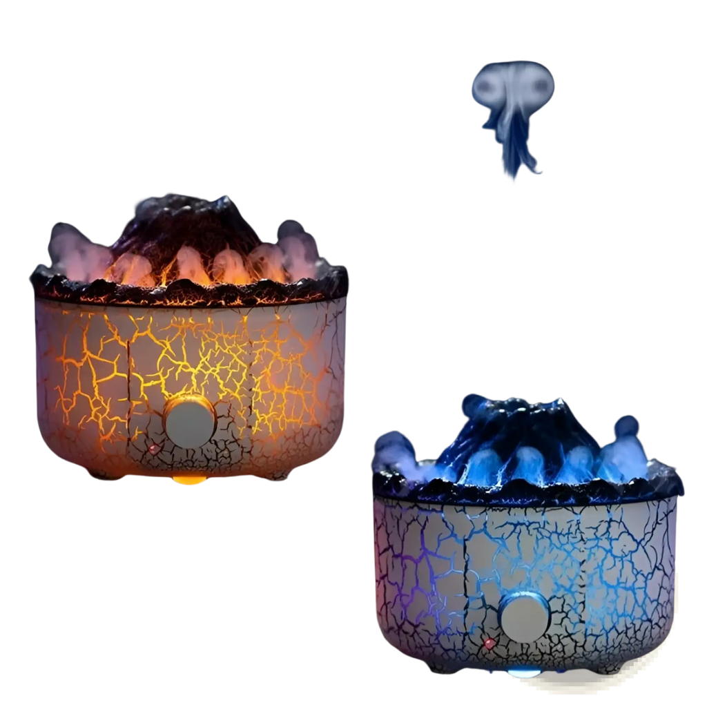 Two crackled ceramic volcano essential oil diffuser humidifiers glowing orange and blue emitting warm steam and mist vapor