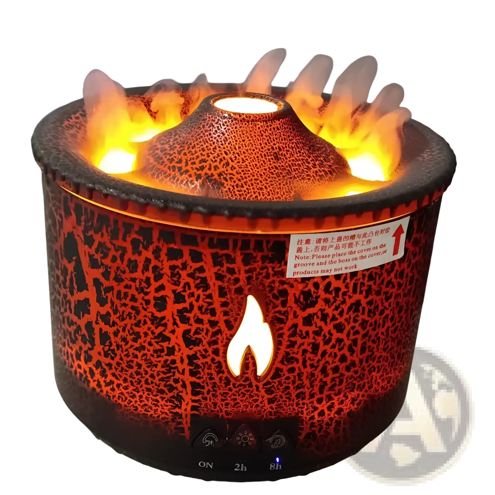 Volcano flame diffuser jellyfish air humidifier in red and black lava-rock texture with faux flame aromatherapy effect