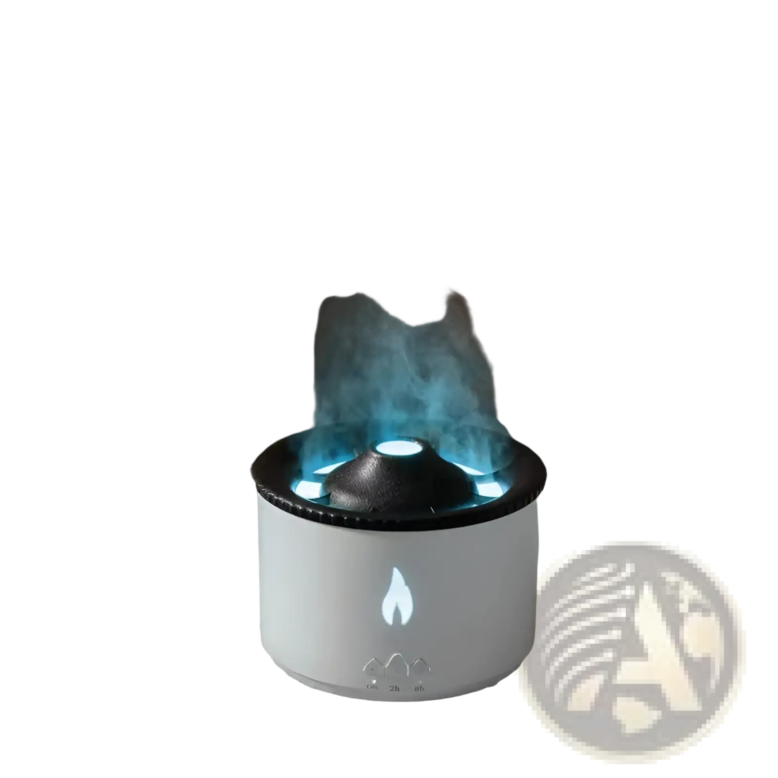 White cylindrical Volcano Flame Diffuser Jellyfish air humidifier with black top emitting blue mist and glowing flame icon