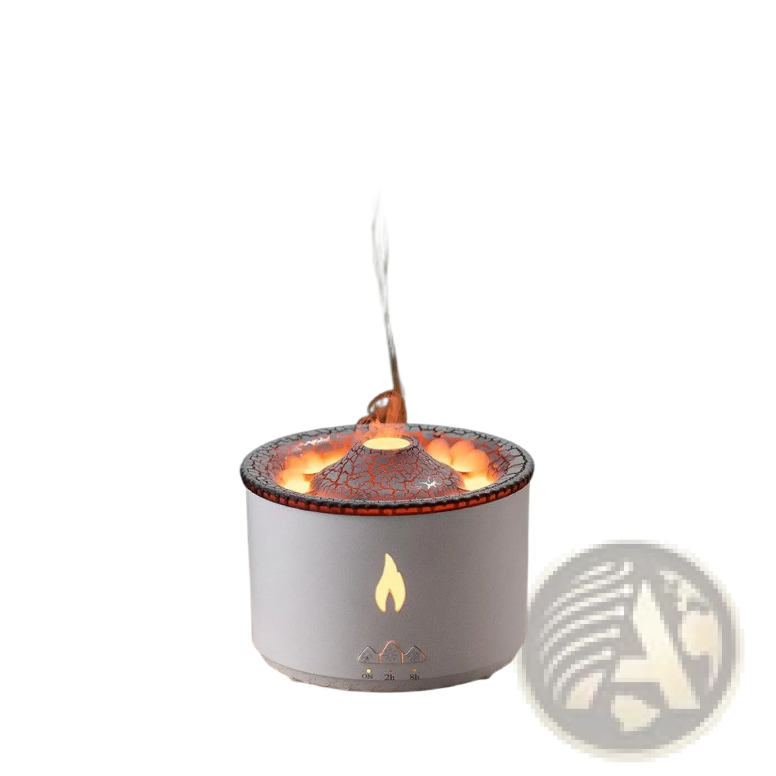 Volcano flame diffuser jellyfish air humidifier is a white cylindrical lava lamp with cracked glowing orange top and flame design