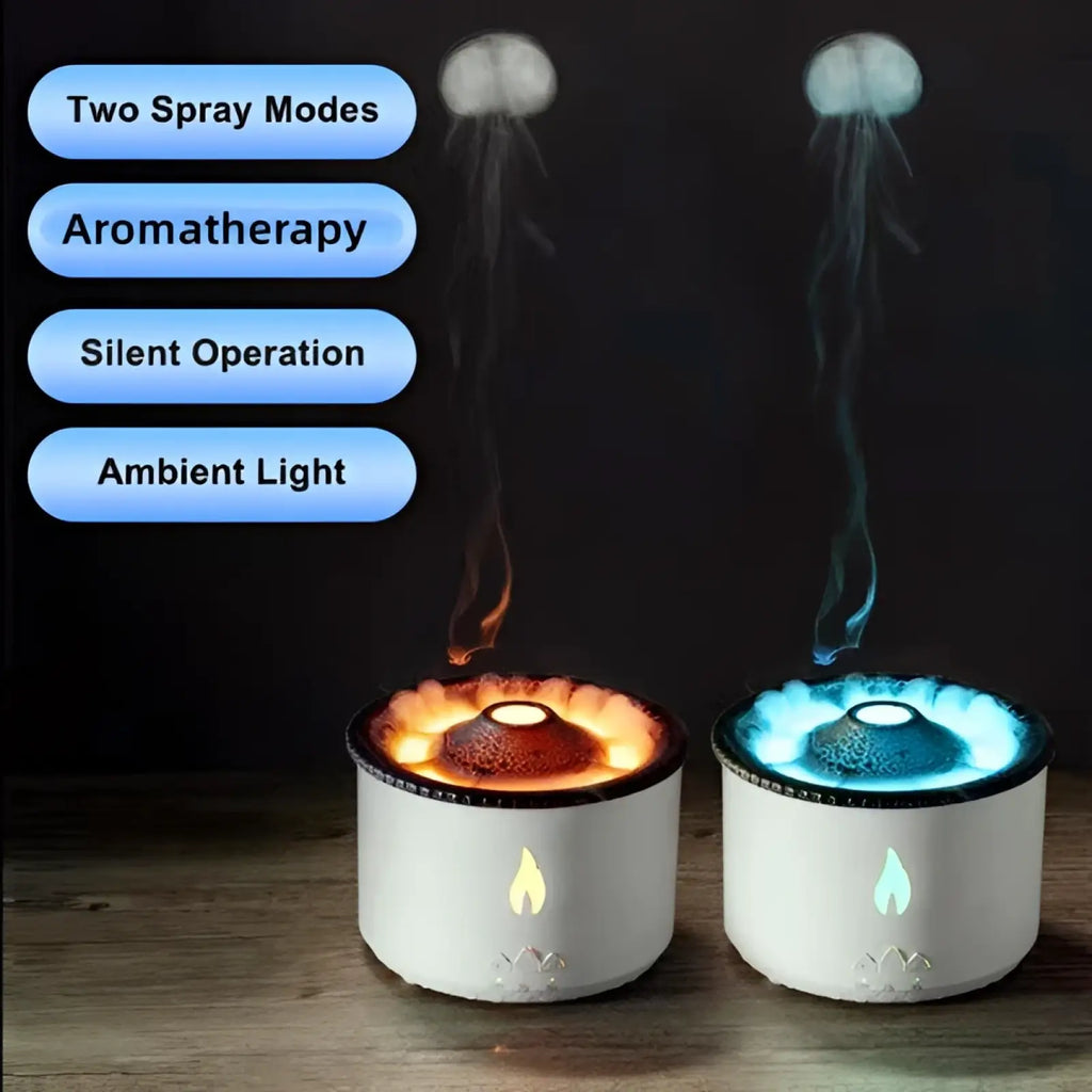 White cylindrical volcano flame diffuser jellyfish air humidifier with glowing flame design and ambient lighting