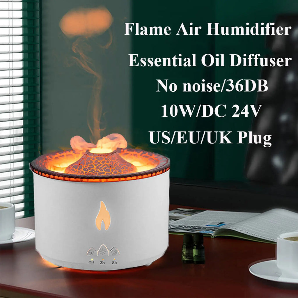 White cylindrical Volcano Flame Diffuser Jellyfish air humidifier with glowing orange lava-like top and flame design front