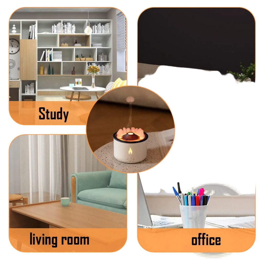 White ceramic Volcano Flame Diffuser jellyfish air humidifier with glowing flame effect and black rim