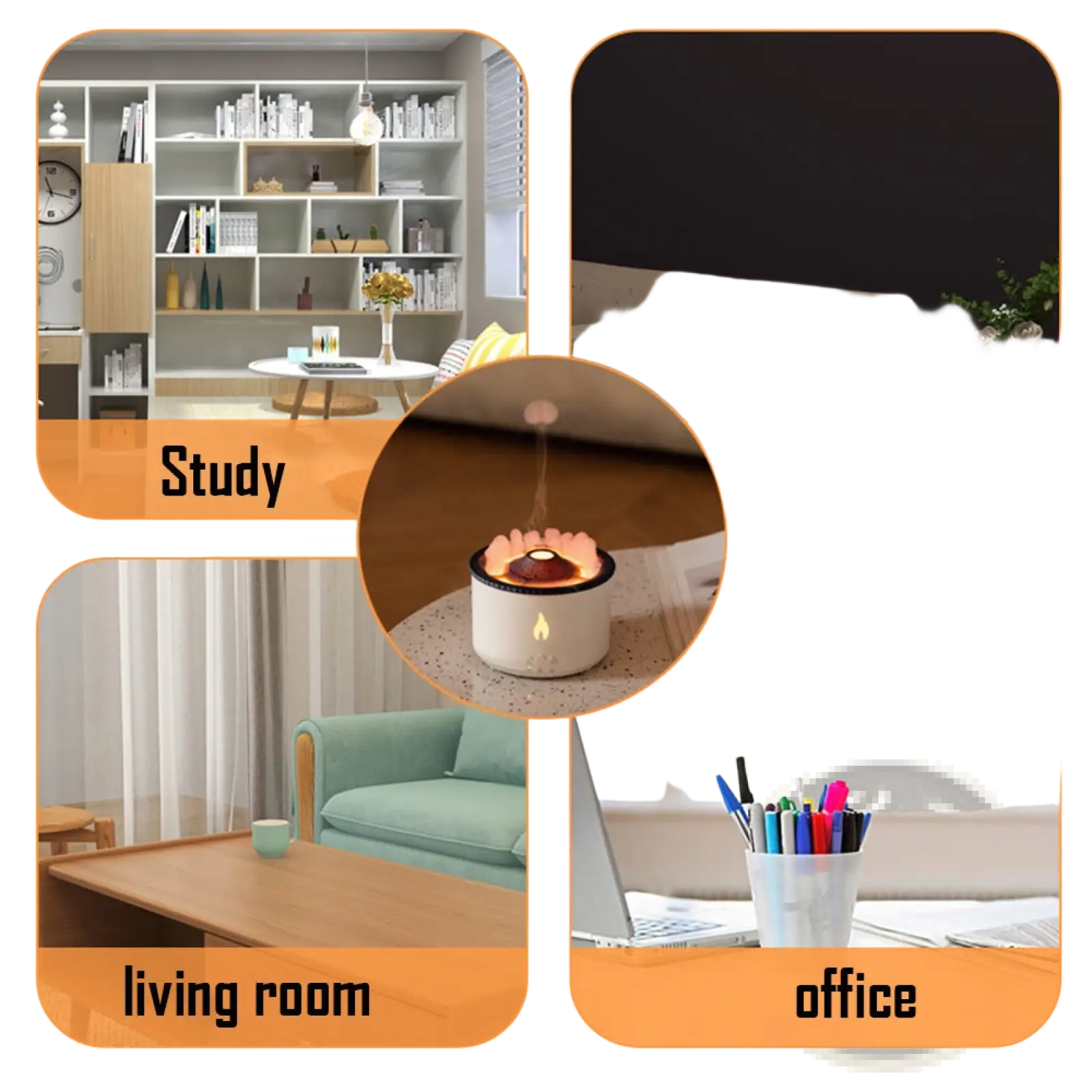 White ceramic Volcano Flame Diffuser jellyfish air humidifier with glowing flame effect and black rim