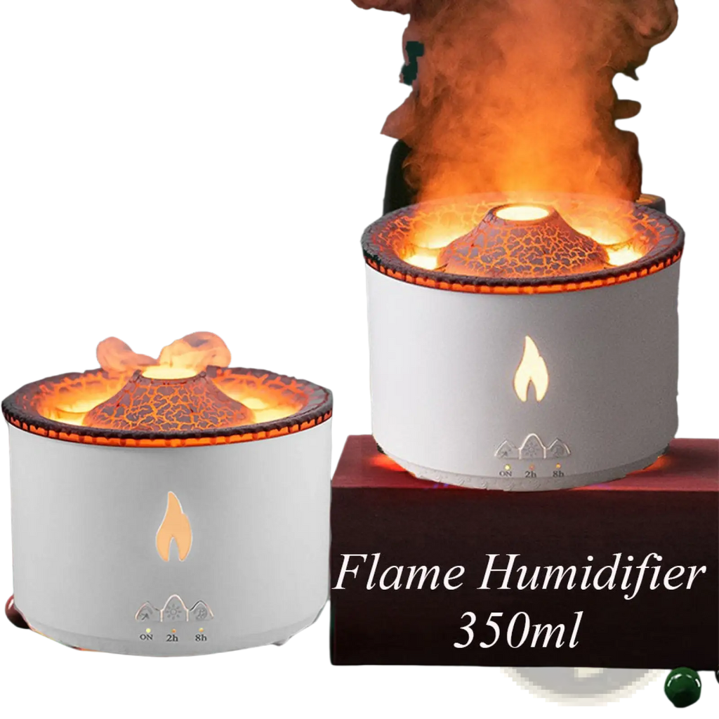 Volcano flame diffuser jellyfish air humidifier white cylindrical with cracked lava textured top emitting warm orange mist