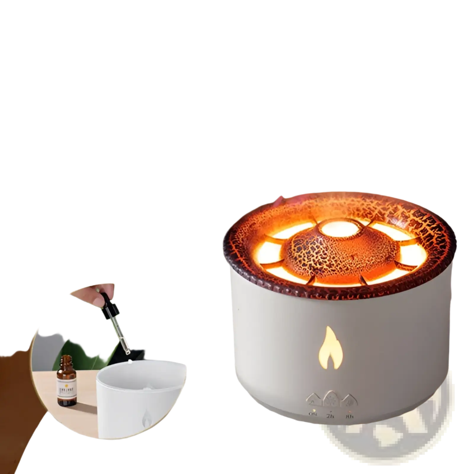 Volcano flame diffuser jellyfish air humidifier white cylindrical aromatherapy diffuser with glowing flame and leopard top emitting orange mist