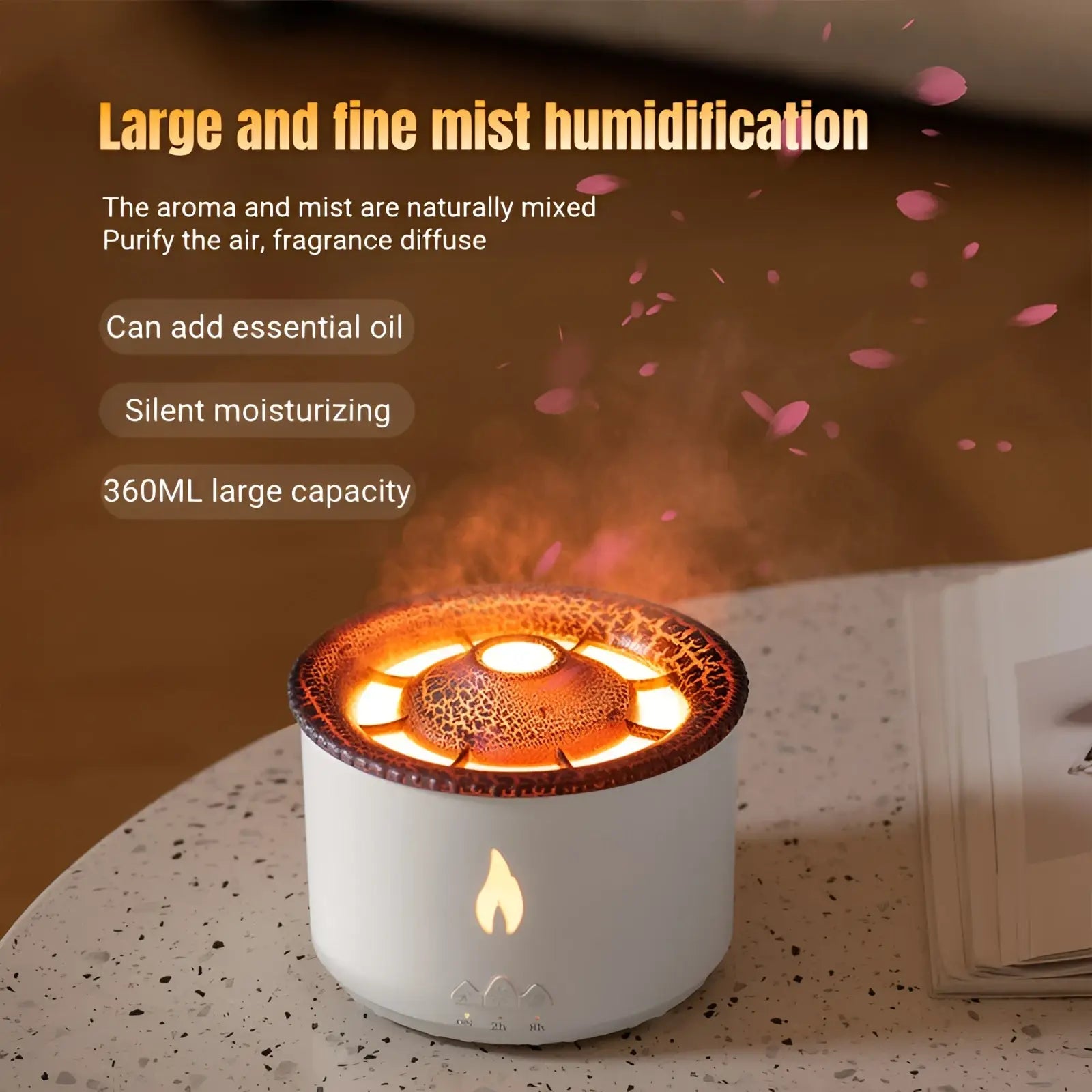 White cylindrical Volcano Flame Diffuser jellyfish air humidifier with glowing crackled amber top and flame-shaped LED indicator