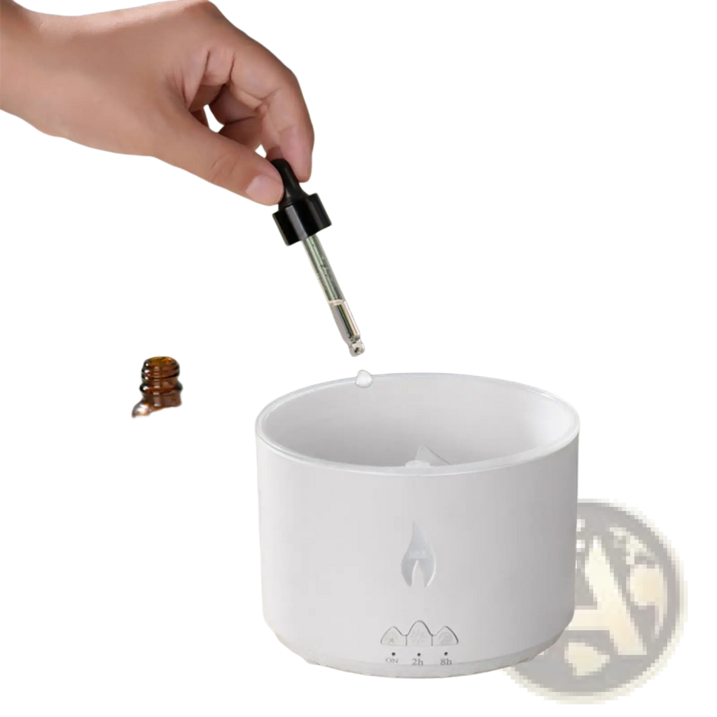 White cylindrical volcano flame diffuser jellyfish air humidifier with flame-shaped indentation and three mode indicators