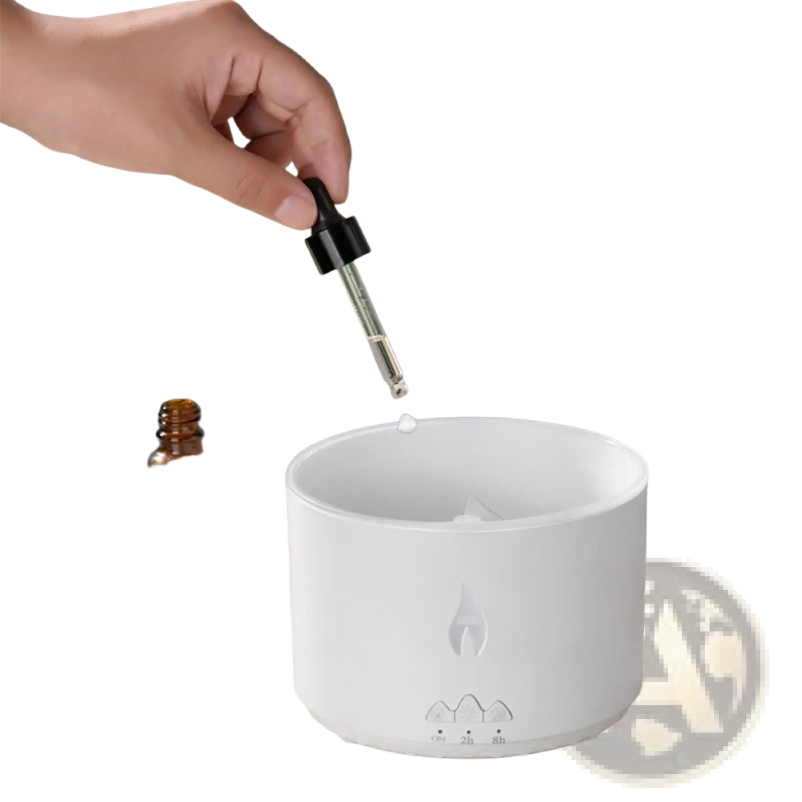 White cylindrical volcano flame diffuser jellyfish air humidifier with flame-shaped indentation and three mode indicators